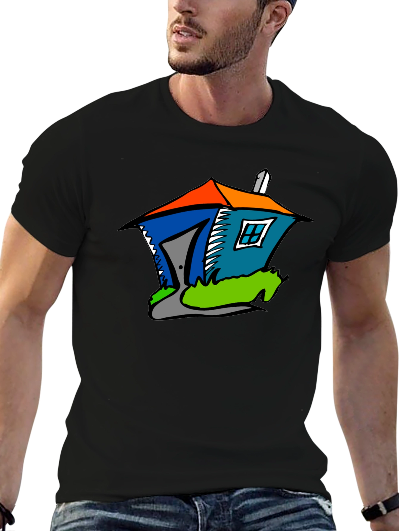 Cartoon House Graphic Tee - Quirky Black T-Shirt