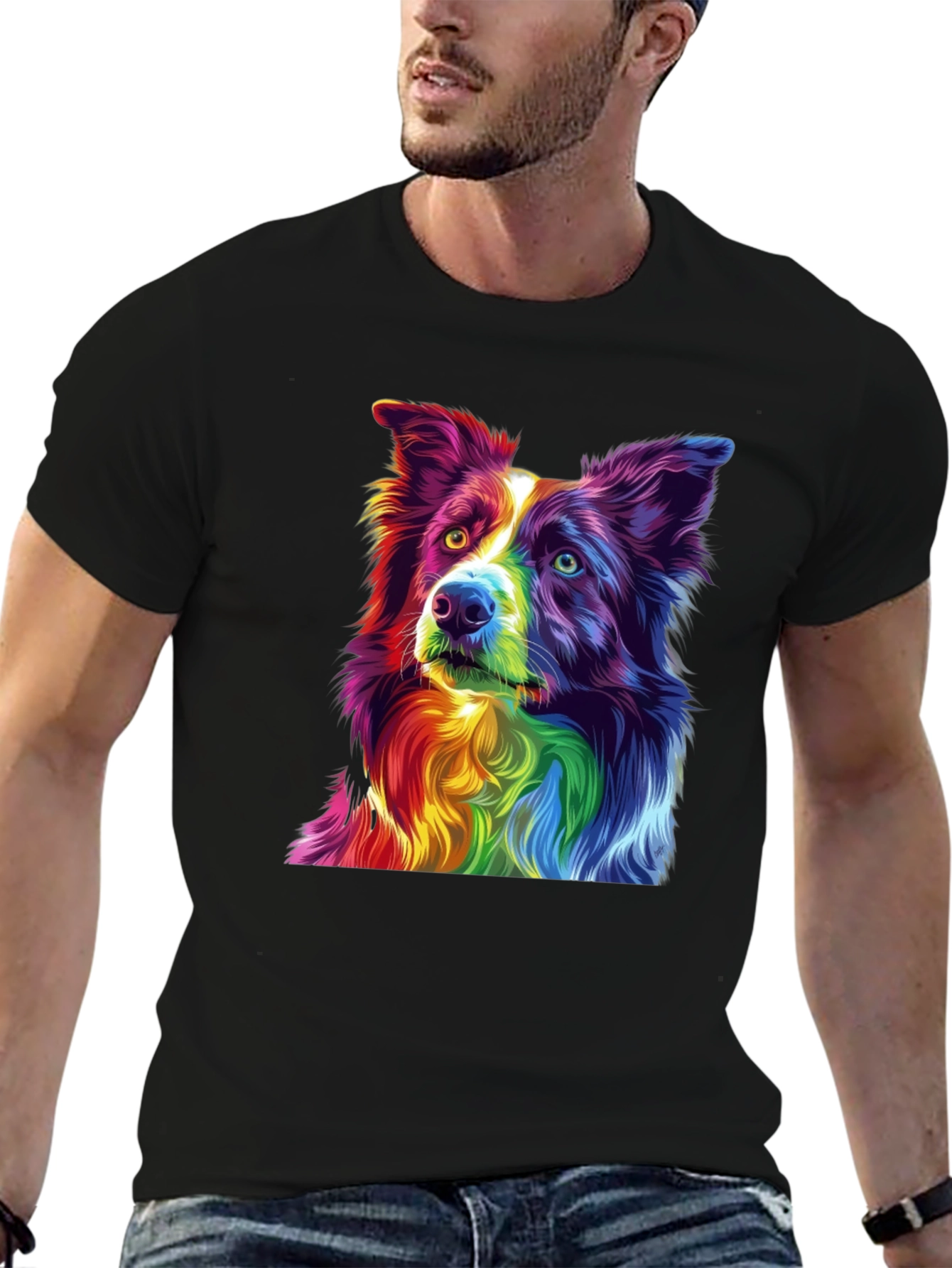 Rainbow Border Collie Graphic Tee - Mens Black T-Shirt