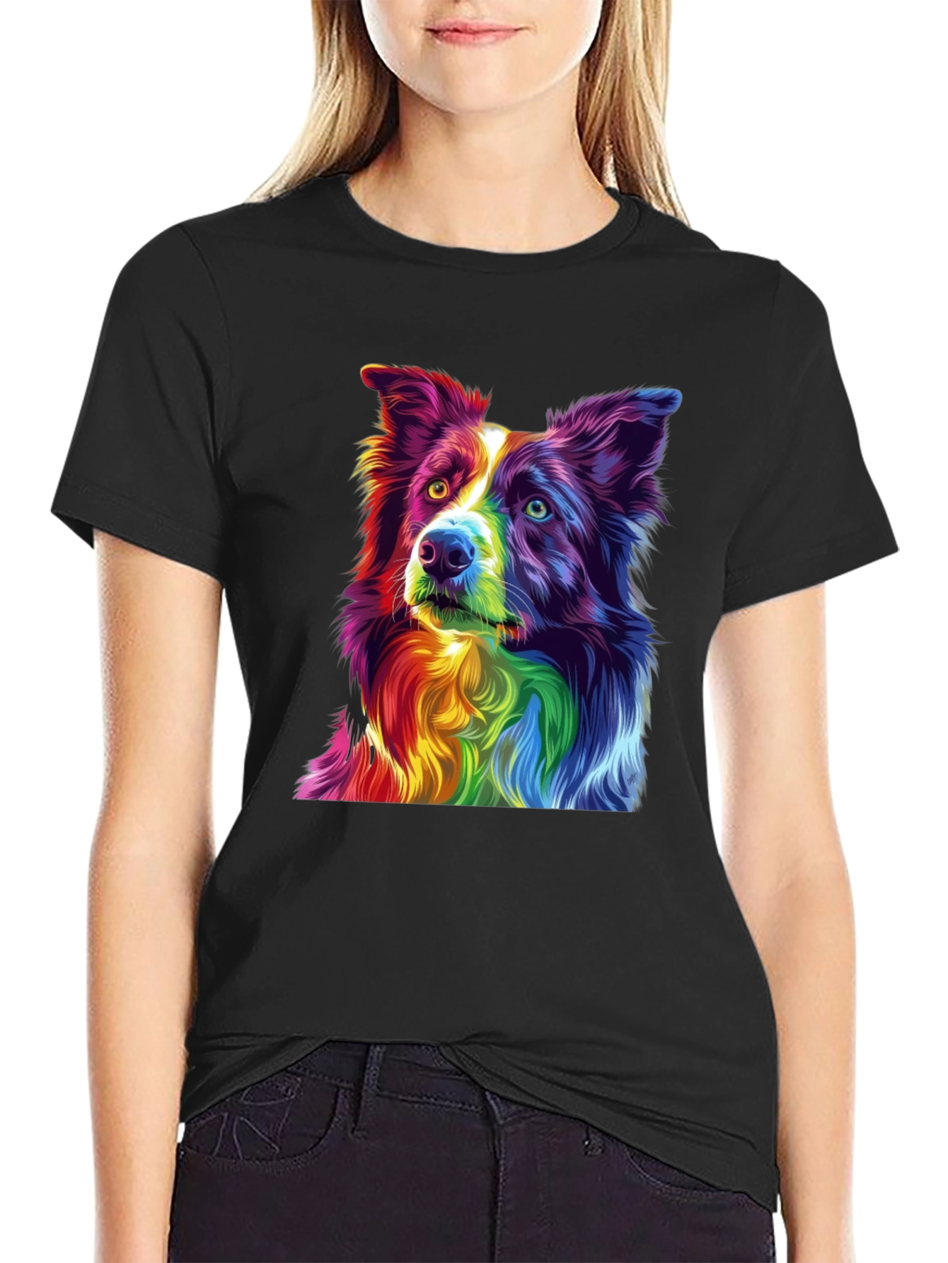 Rainbow Border Collie Graphic Tee - Mens Black T-Shirt