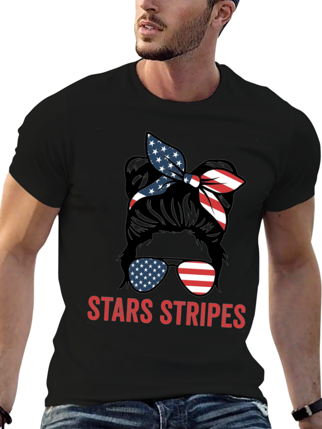 Stars & Stripes Messy Bun Patriotic T-Shirt