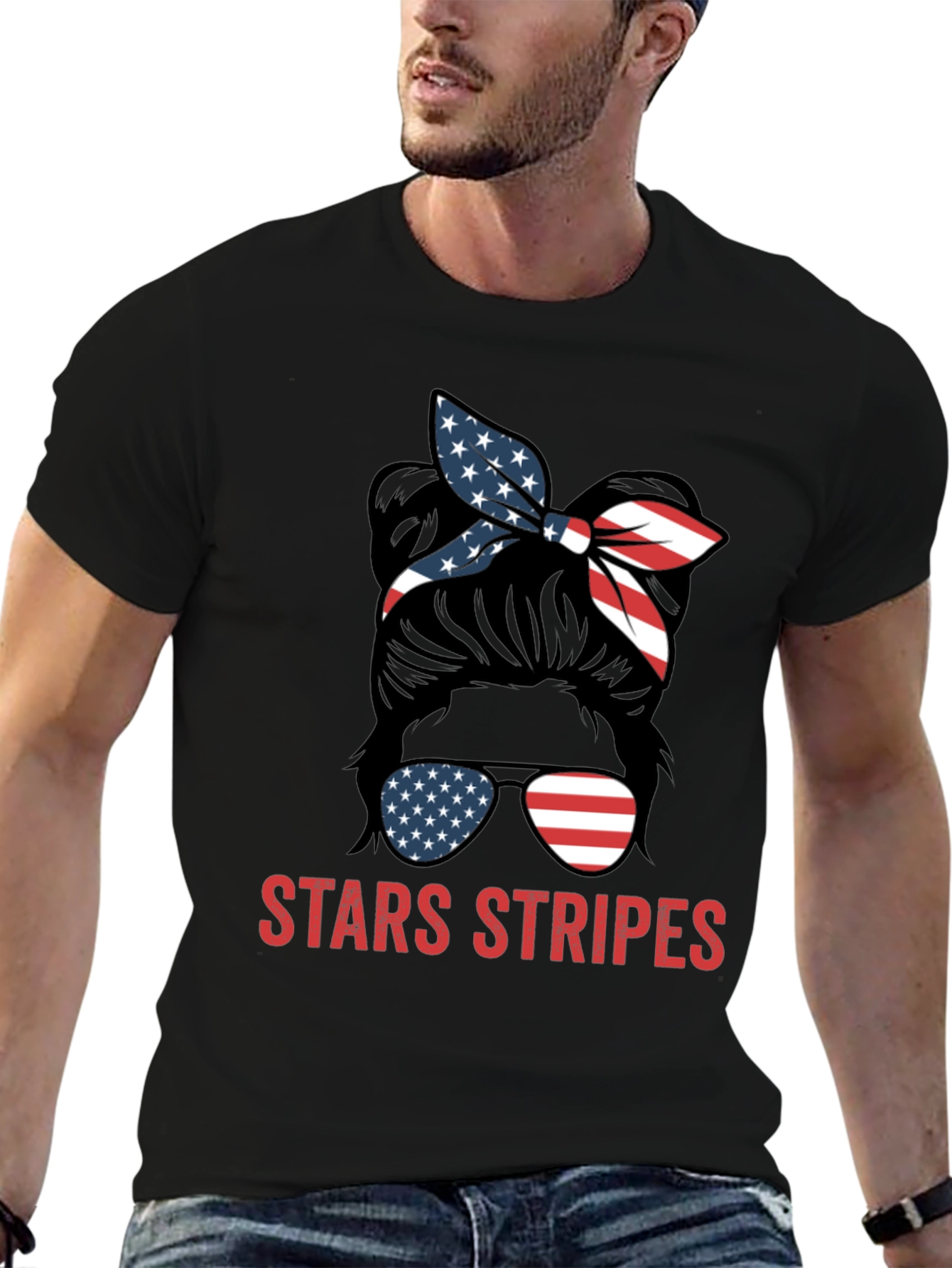 Stars & Stripes Messy Bun Patriotic T-Shirt