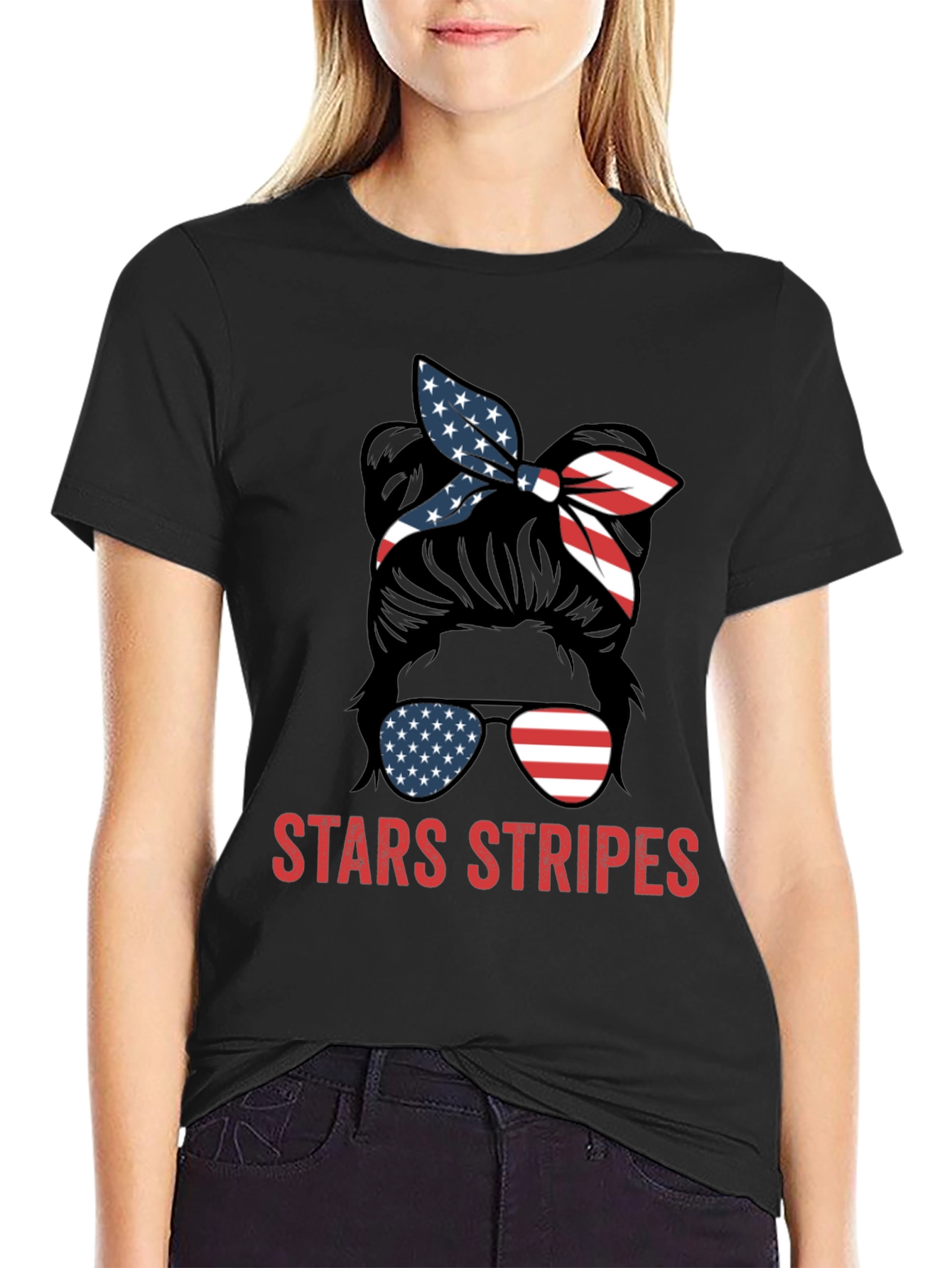 Stars & Stripes Messy Bun Patriotic T-Shirt