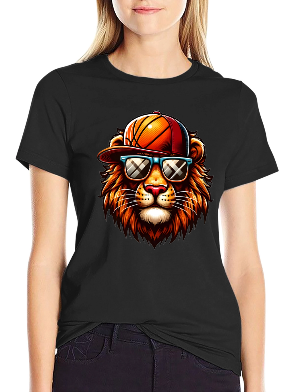 Cool Lion Graphic Tee - Basketball Hat & Shades