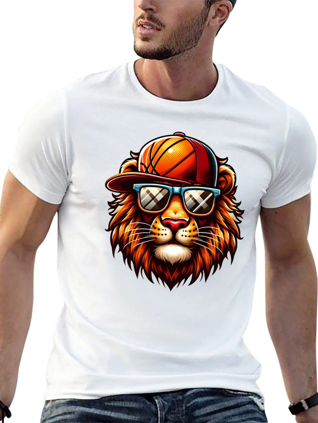 Cool Lion Graphic Tee - Basketball Hat & Shades