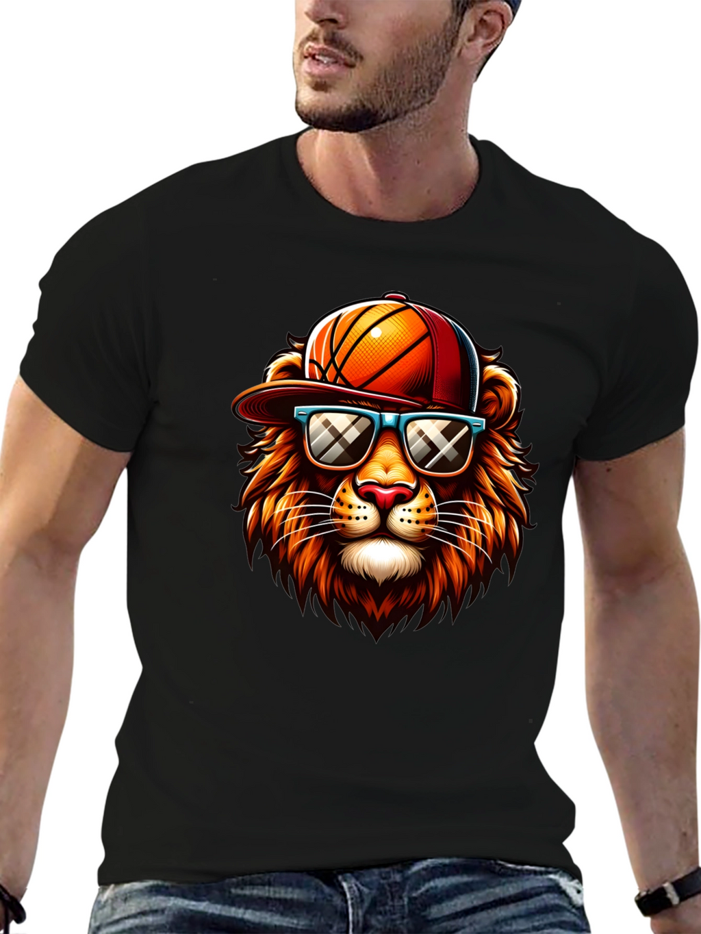 Cool Lion Graphic Tee - Basketball Hat & Shades