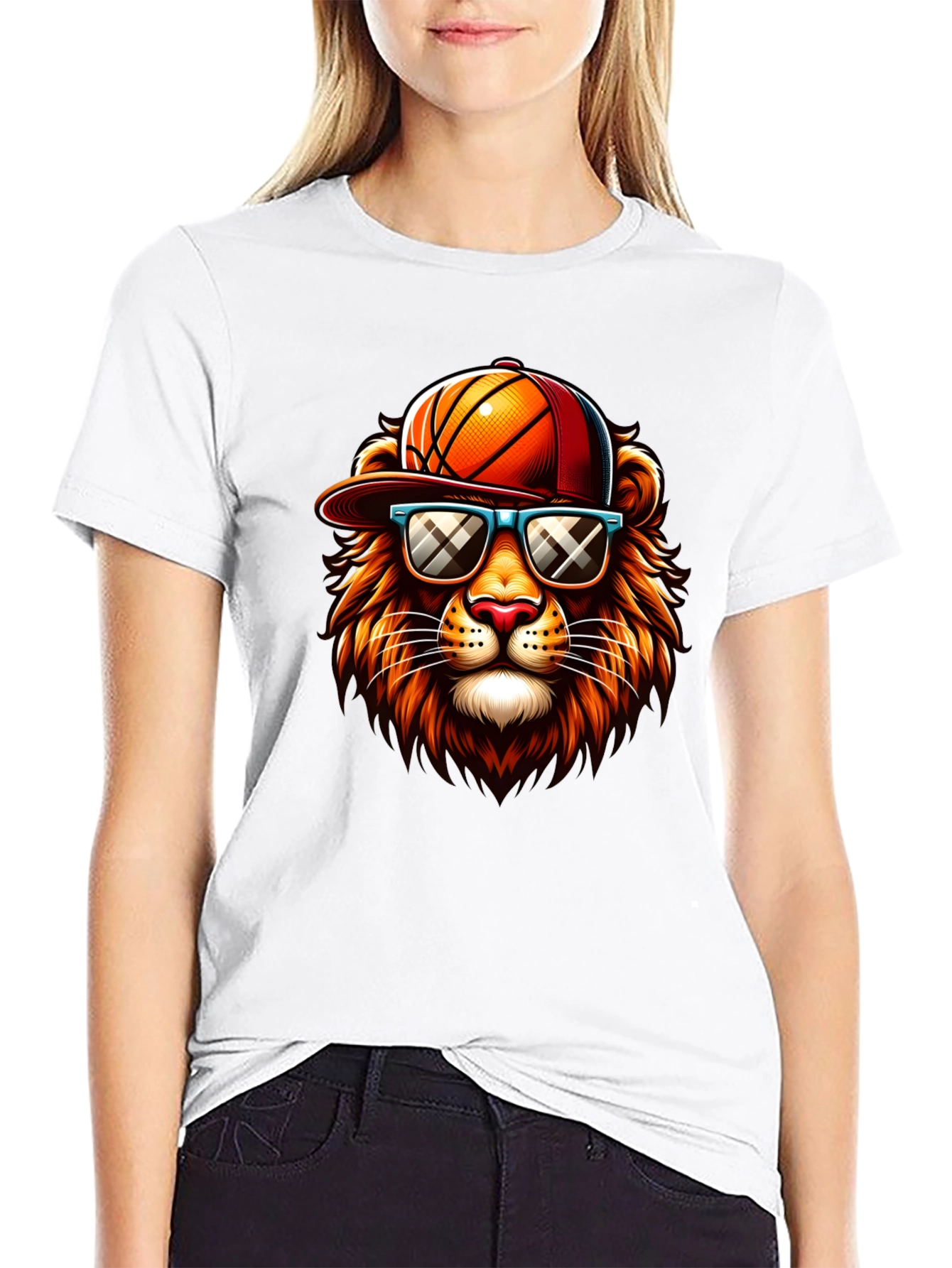 Cool Lion Graphic Tee - Basketball Hat & Shades