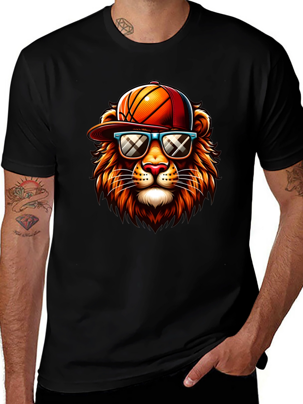 Cool Lion Graphic Tee - Basketball Hat & Shades