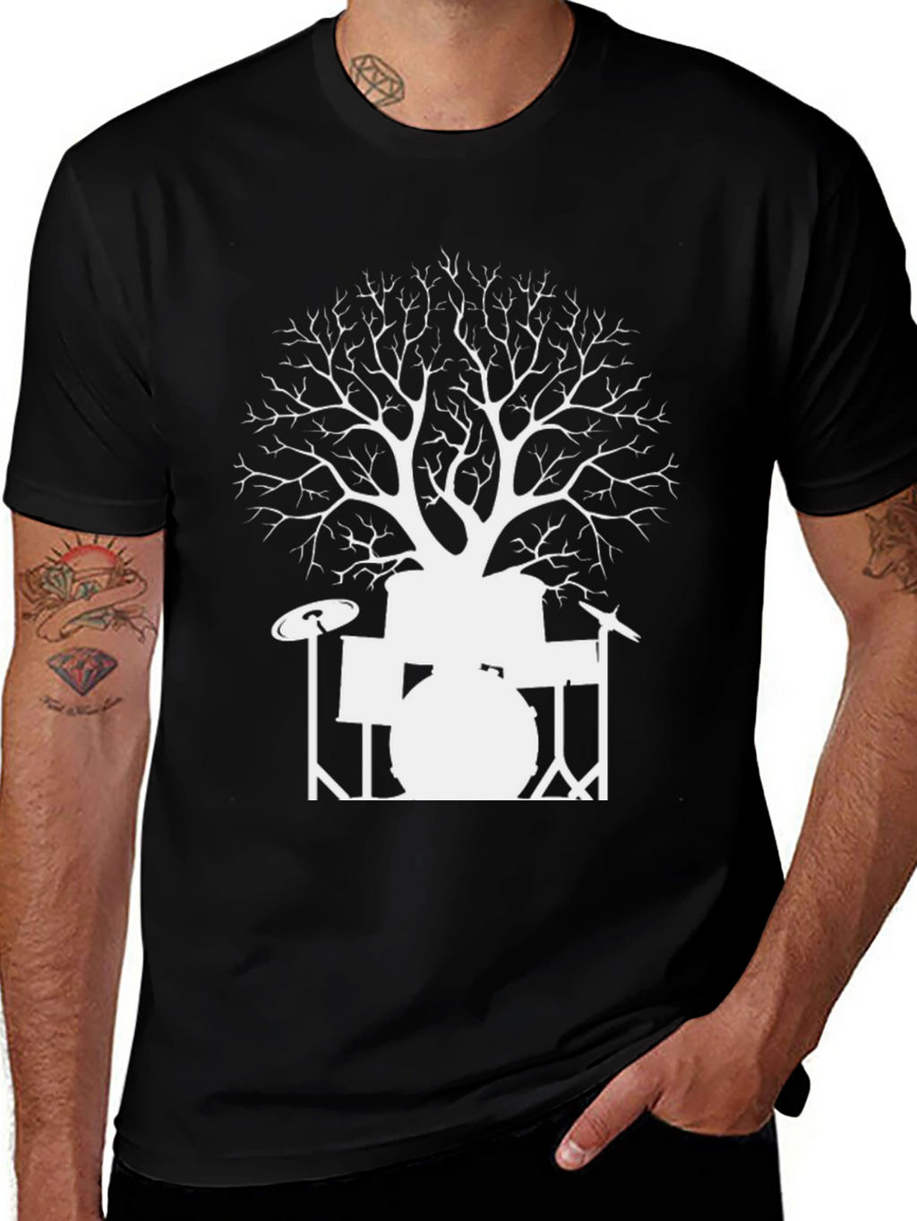 Drum Set Tree Graphic T-Shirt - Black Cotton Tee