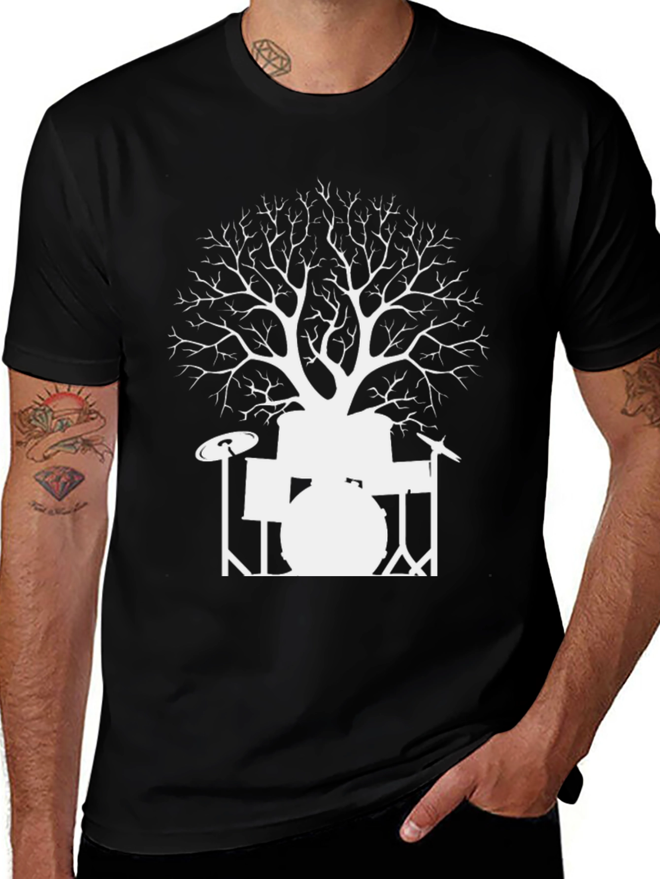 Drum Set Tree Graphic T-Shirt - Black Cotton Tee