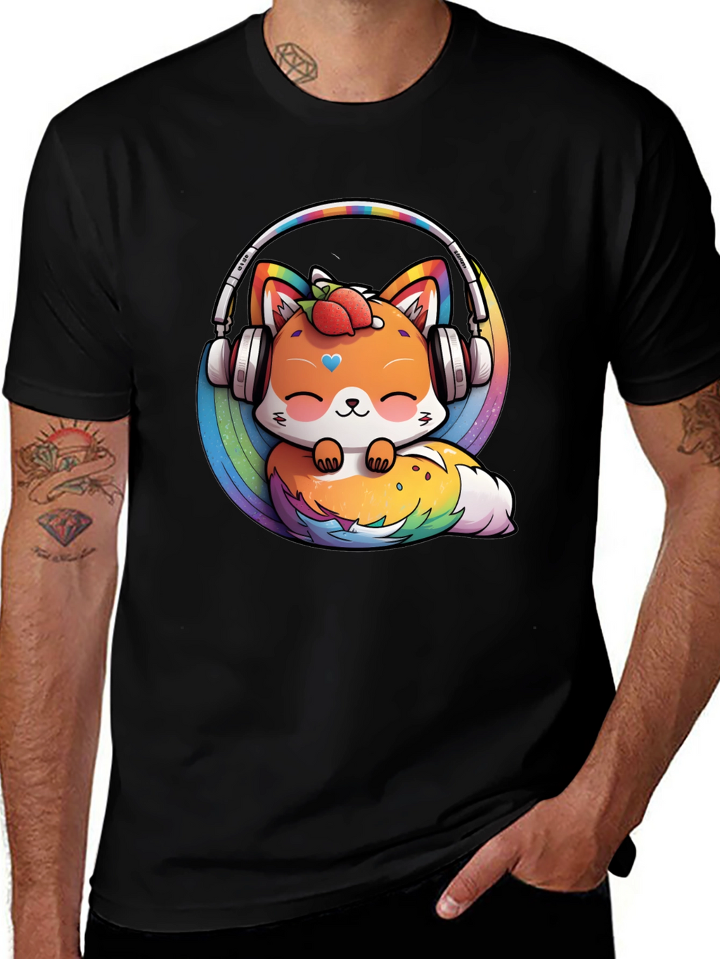 Cute Fox Rainbow Headphones Black T-Shirt