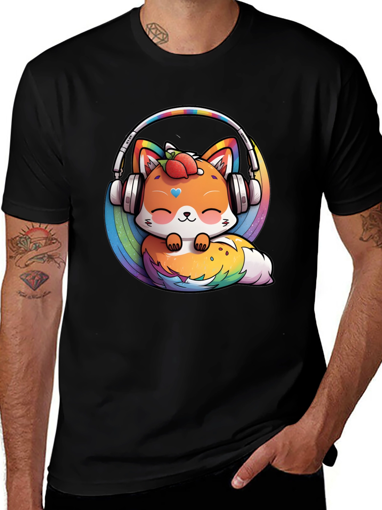 Cute Fox Rainbow Headphones Black T-Shirt