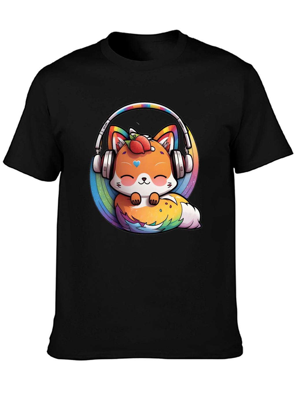 Cute Fox Rainbow Headphones Black T-Shirt