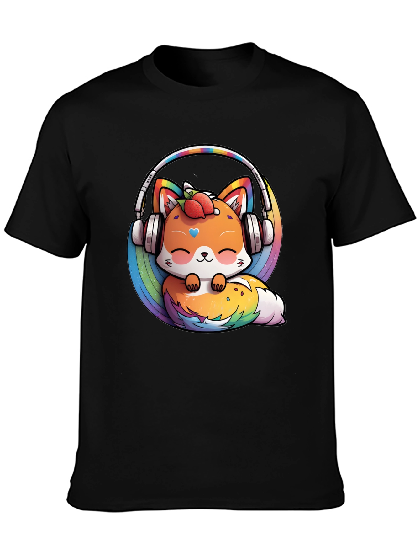 Cute Fox Rainbow Headphones Black T-Shirt