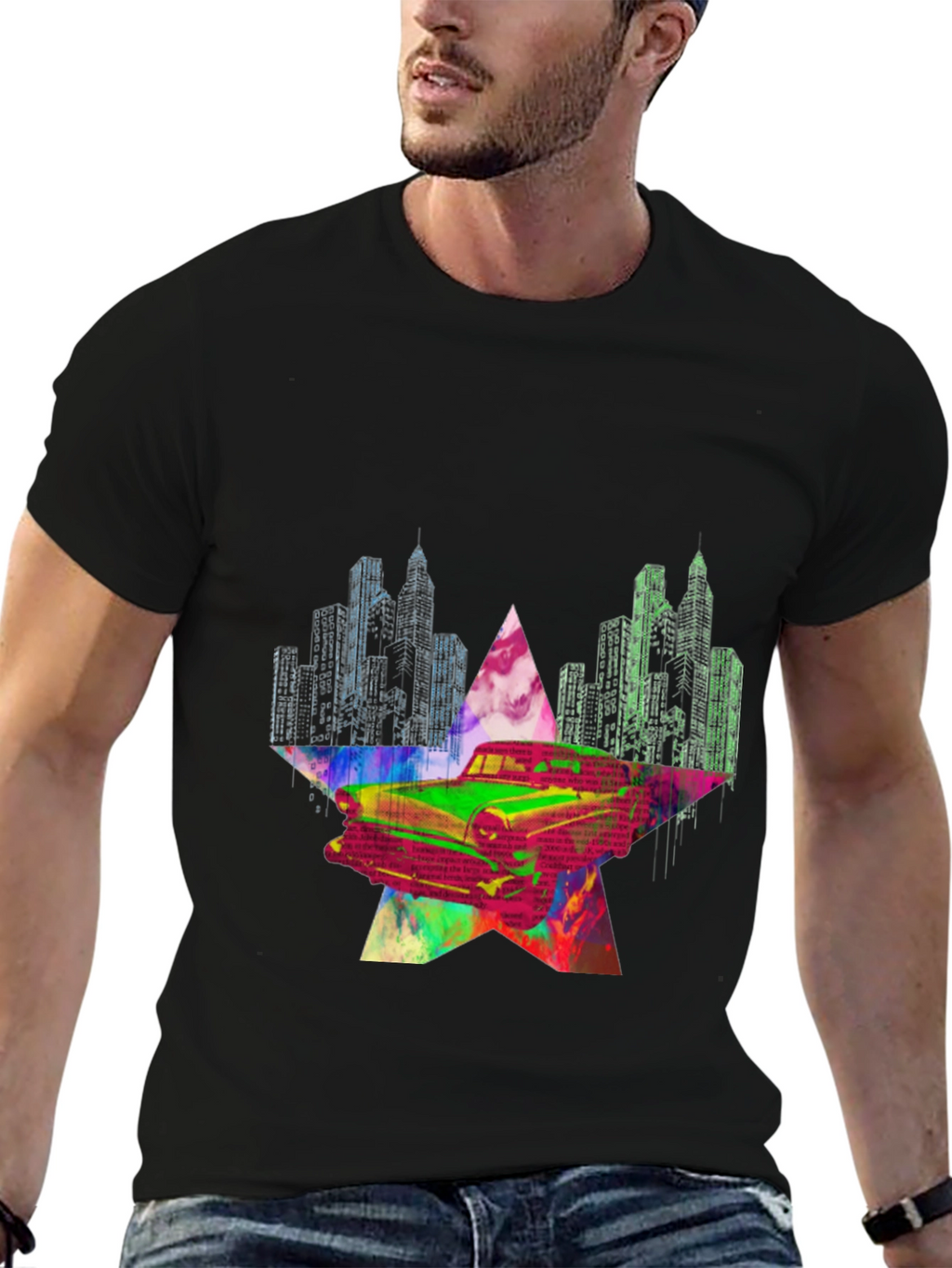 Retro Car Graphic Tee - Cityscape Star Design