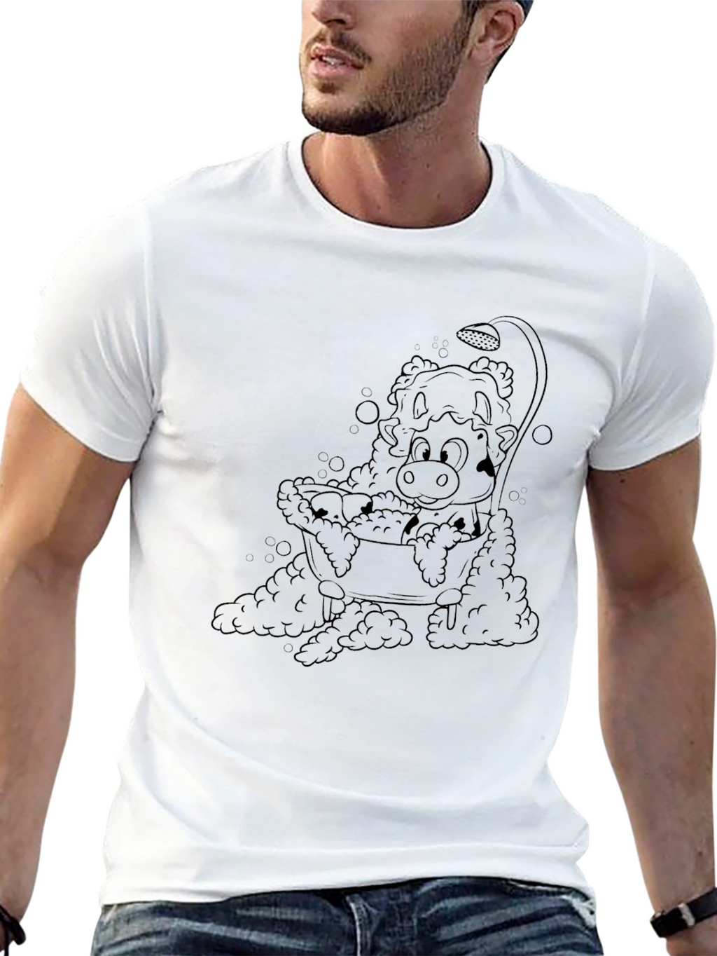Cartoon Cow in Tub Mens Black T-Shirt