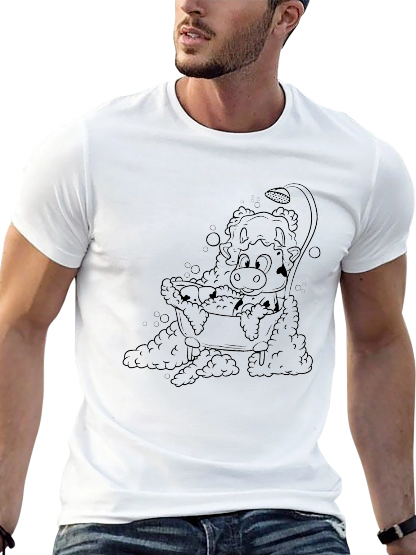 Cartoon Cow in Tub Mens Black T-Shirt
