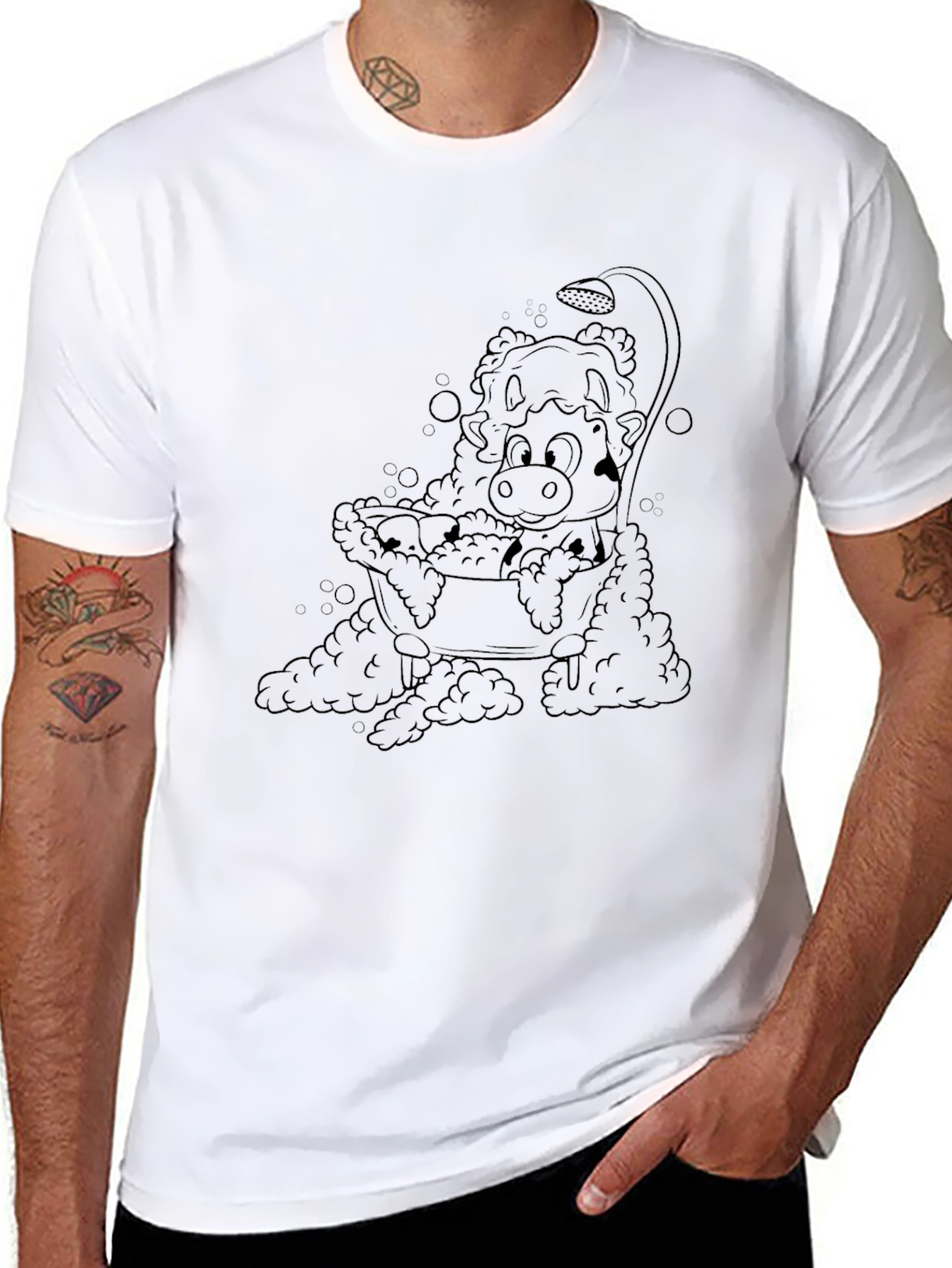 Cartoon Cow in Tub Mens Black T-Shirt