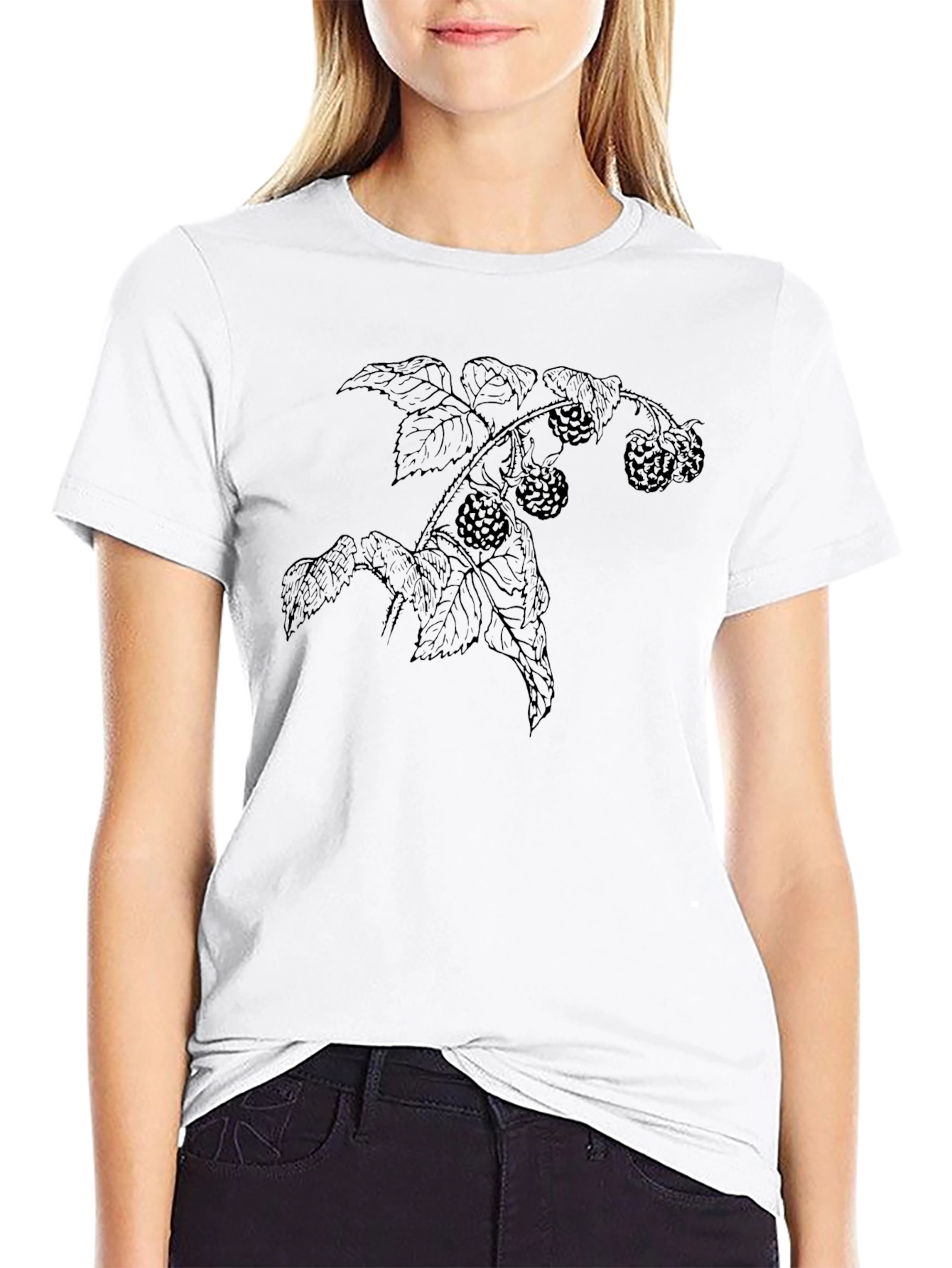 Botanical Raspberry Print Black T-Shirt
