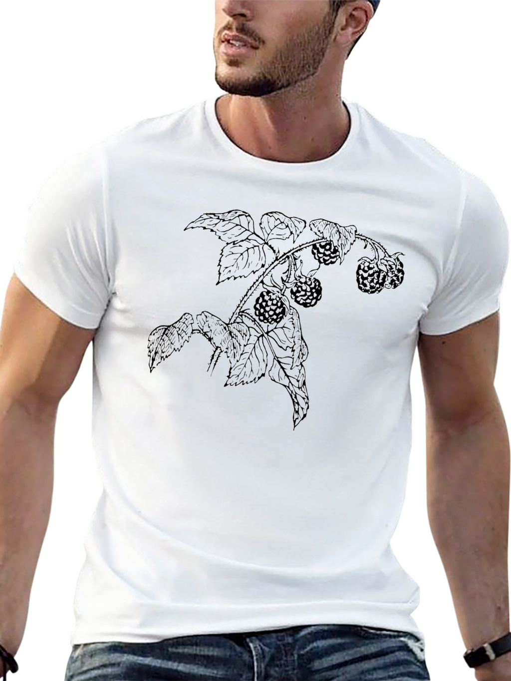 Botanical Raspberry Print Black T-Shirt