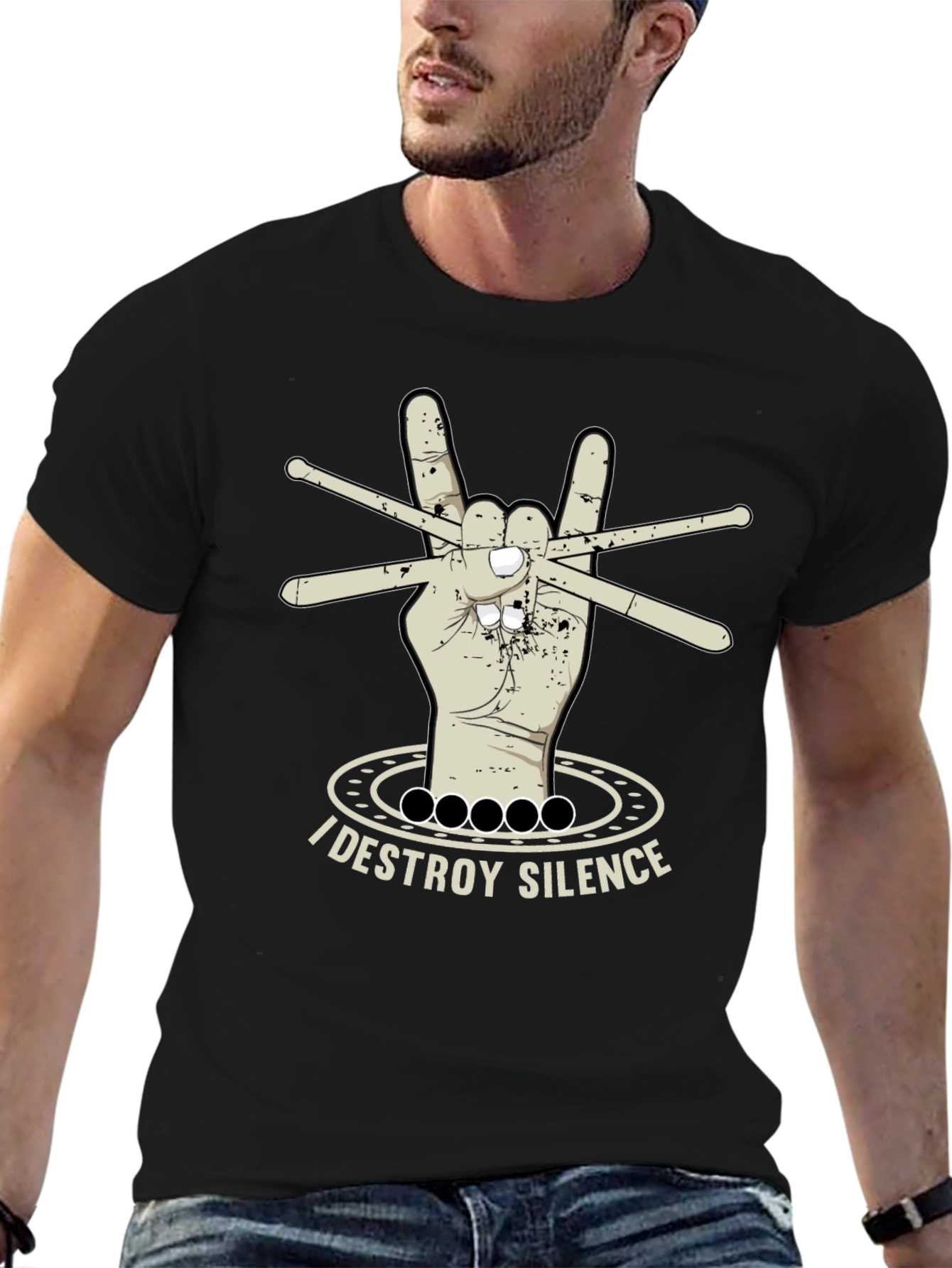 I Destroy Silence T-Shirt - Drummer Rock Hand Design