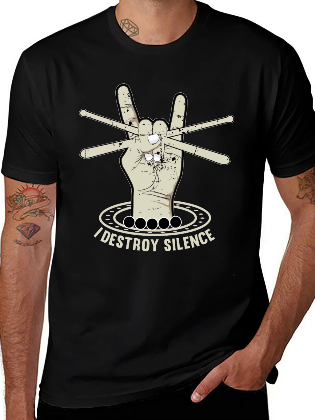 I Destroy Silence T-Shirt - Drummer Rock Hand Design