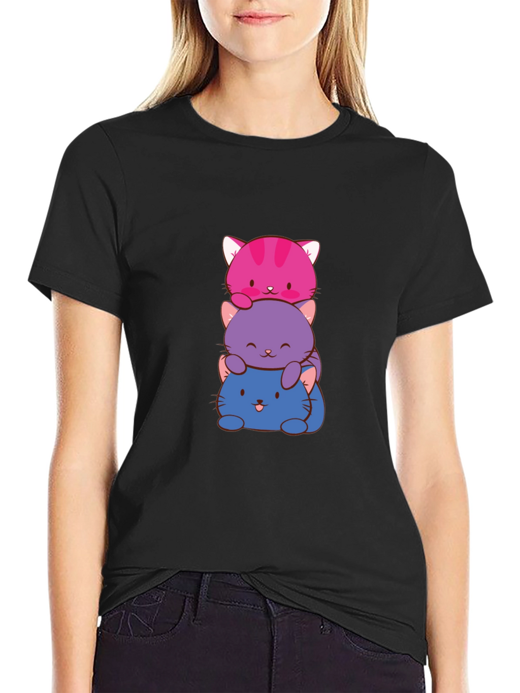 Cute Stacked Cats Graphic T-Shirt