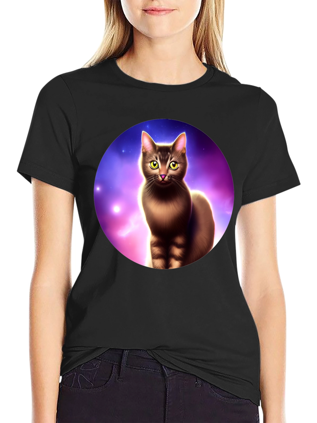 Cosmic Cat Graphic Tee - Black Cotton Comfort