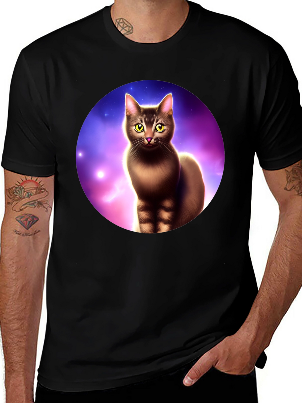 Cosmic Cat Graphic Tee - Black Cotton Comfort