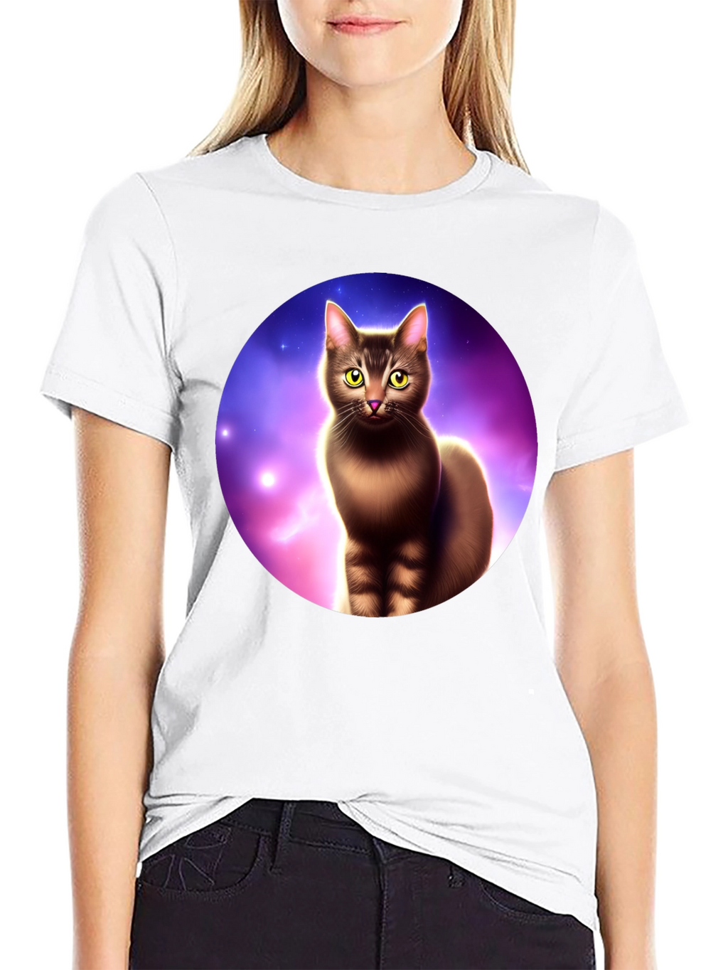 Cosmic Cat Graphic Tee - Black Cotton Comfort