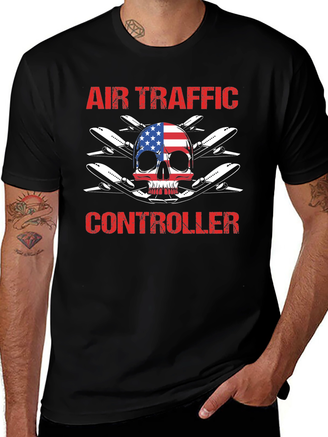 Air Traffic Controller American Flag Skull T-Shirt