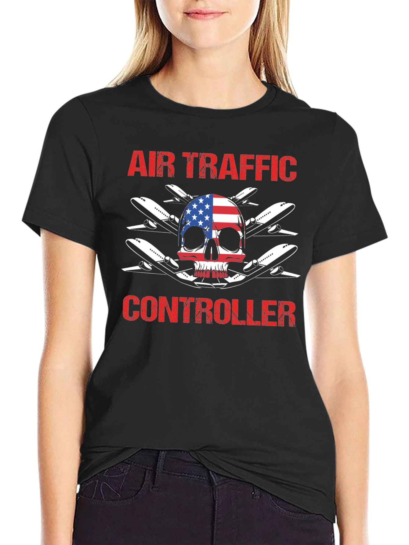 Air Traffic Controller American Flag Skull T-Shirt