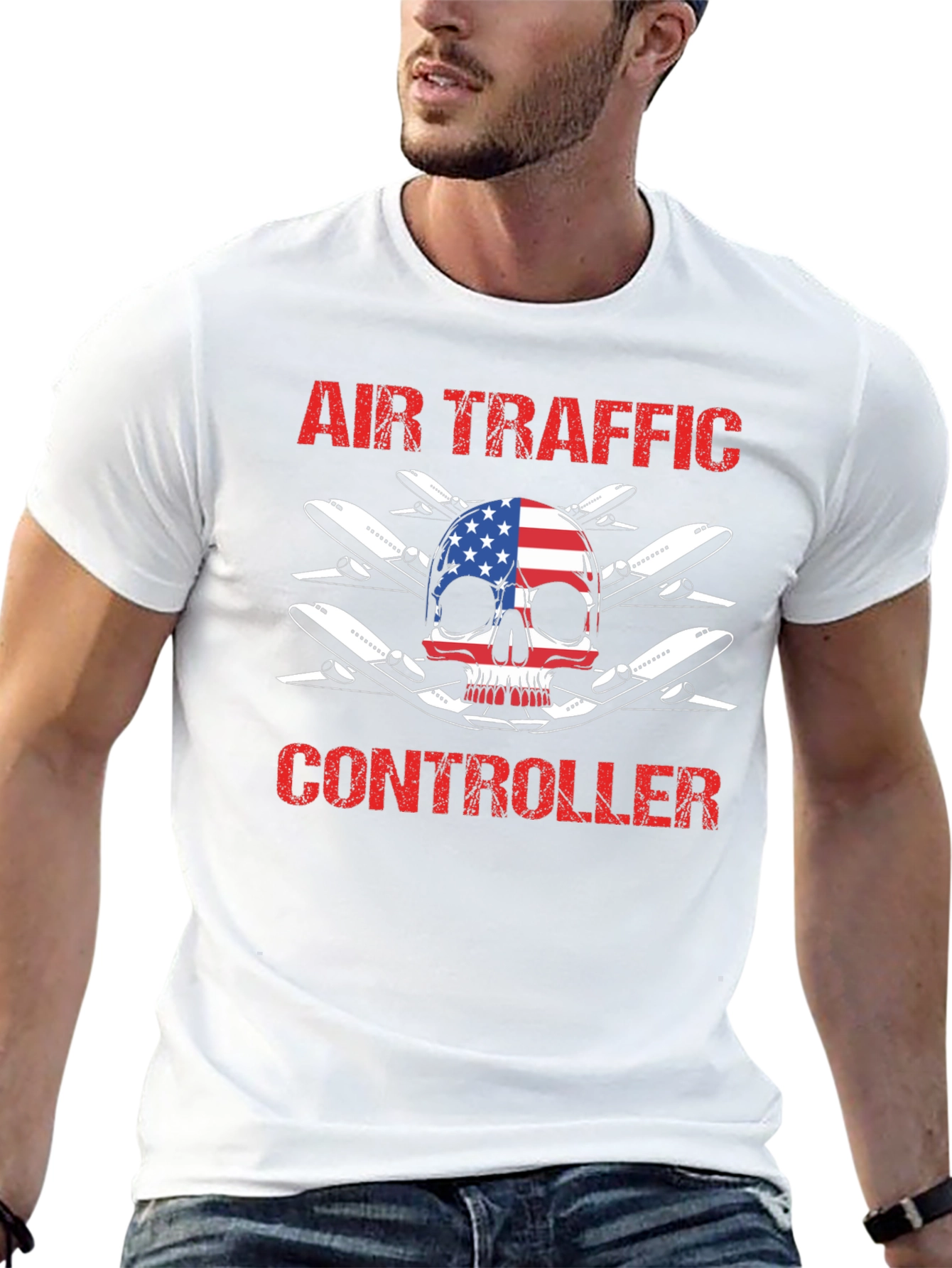 Air Traffic Controller American Flag Skull T-Shirt