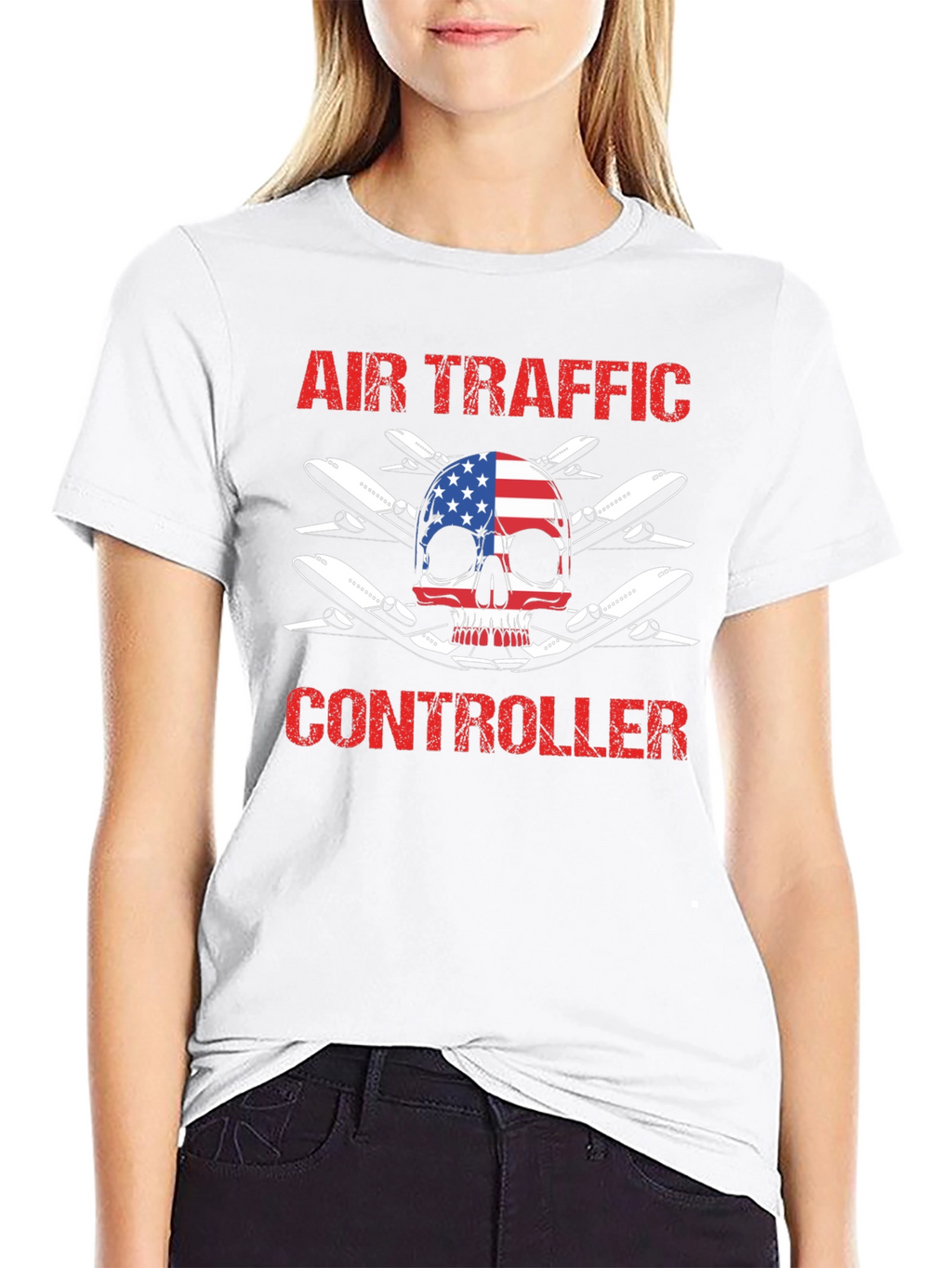 Air Traffic Controller American Flag Skull T-Shirt