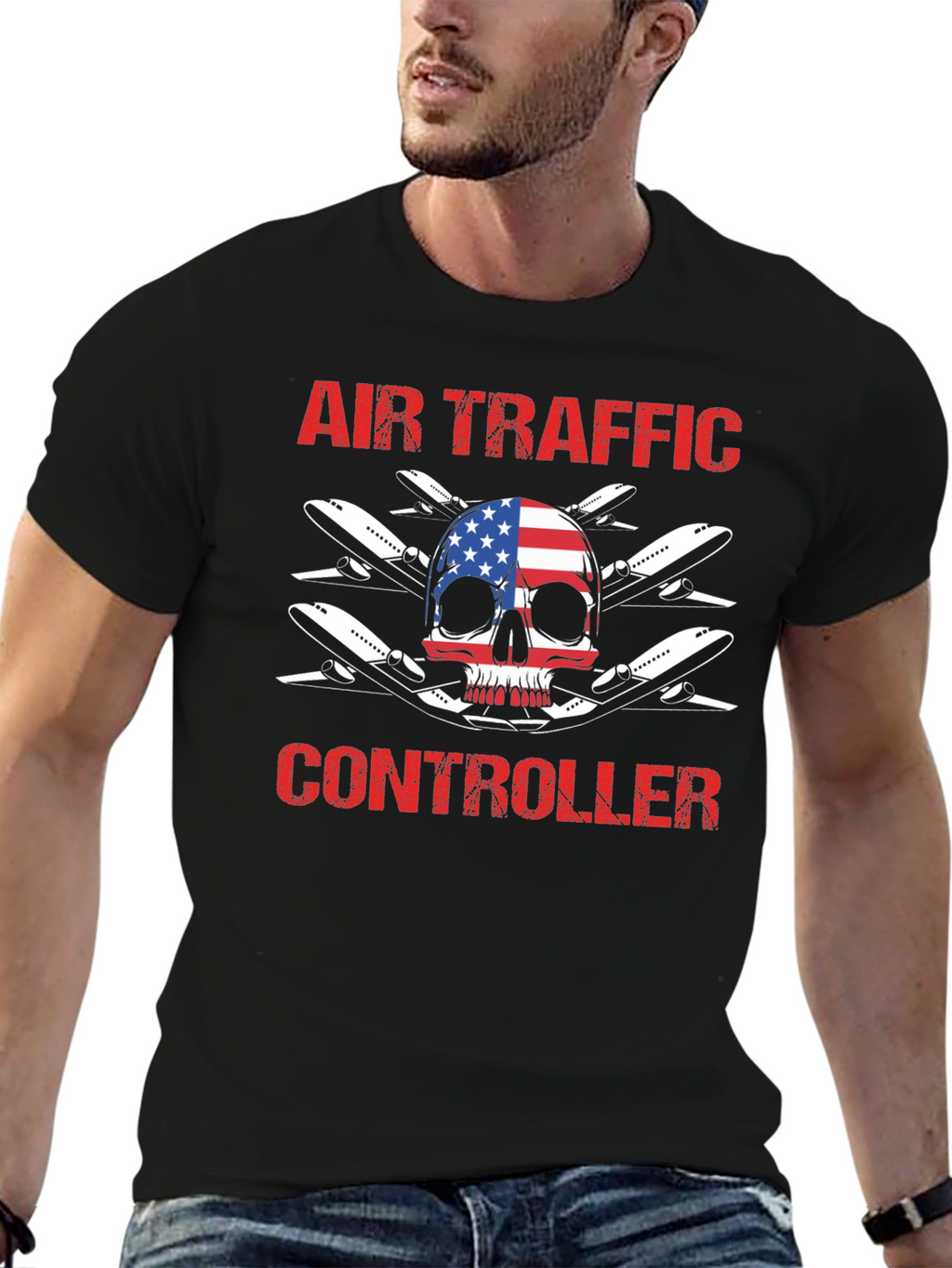 Air Traffic Controller American Flag Skull T-Shirt