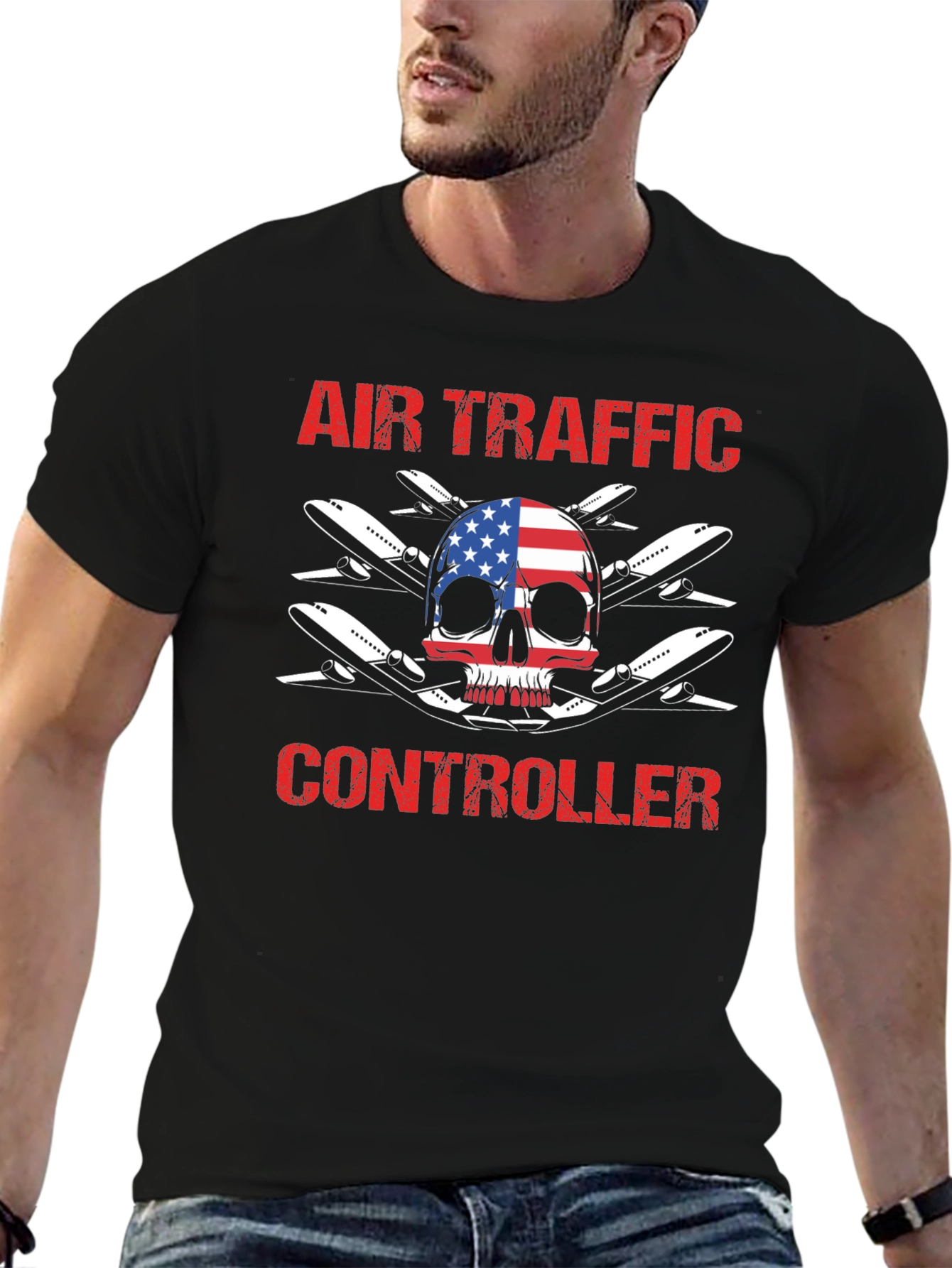 Air Traffic Controller American Flag Skull T-Shirt