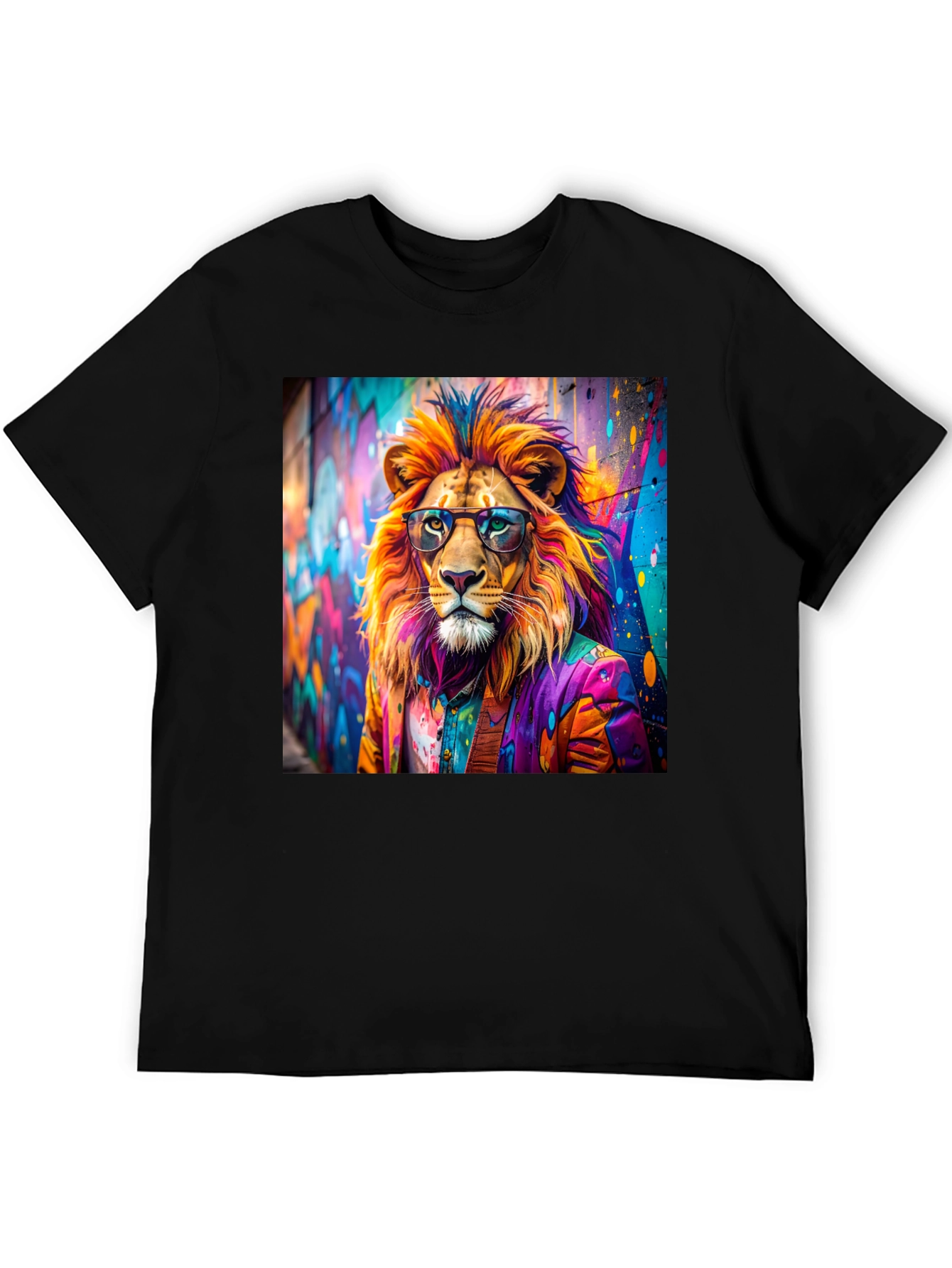 Lion Graffiti Art Print Black T-Shirt