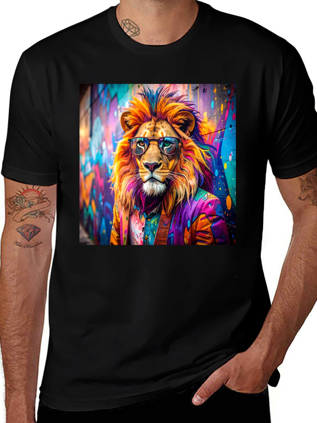 Lion Graffiti Art Print Black T-Shirt