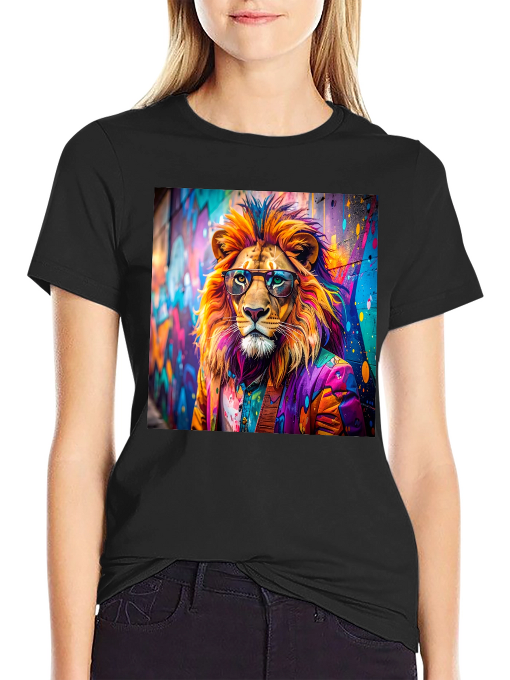 Lion Graffiti Art Print Black T-Shirt