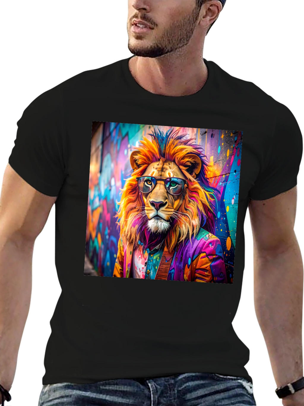Lion Graffiti Art Print Black T-Shirt