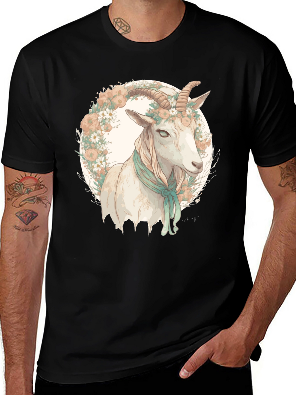 Goat Floral Wreath Black T-Shirt