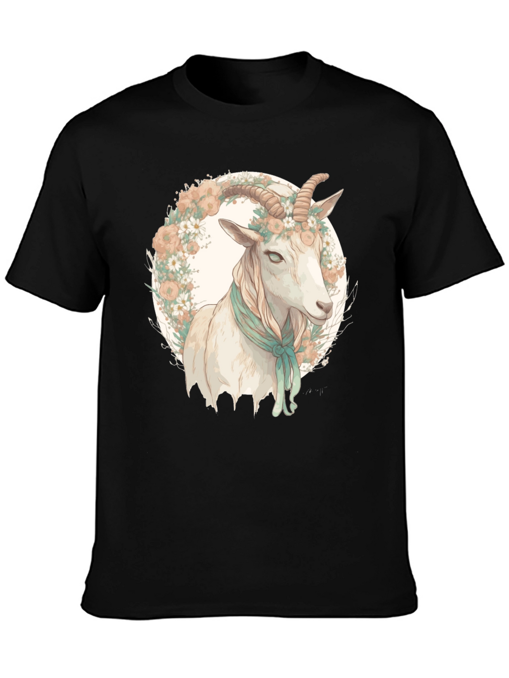 Goat Floral Wreath Black T-Shirt