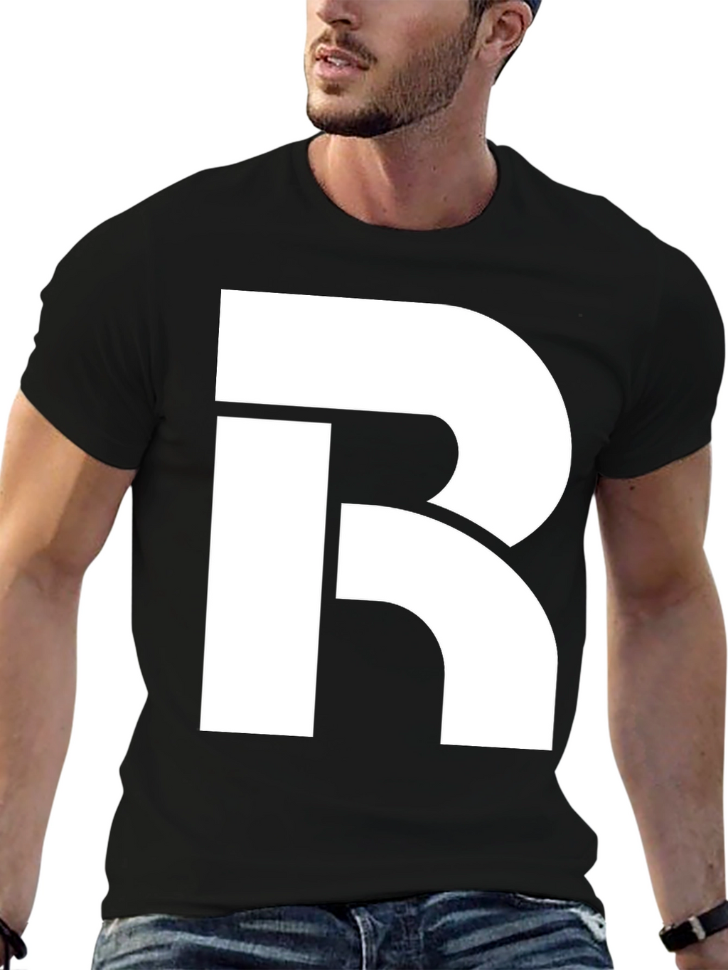 Bold White R Graphic Black T-Shirt