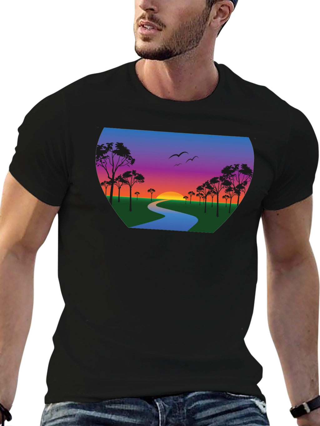 Sunset River Graphic Tee - Black Cotton Blend