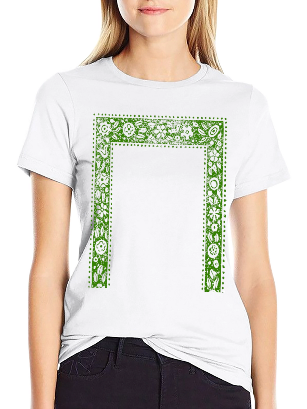 Green Floral Frame Print Black T-Shirt