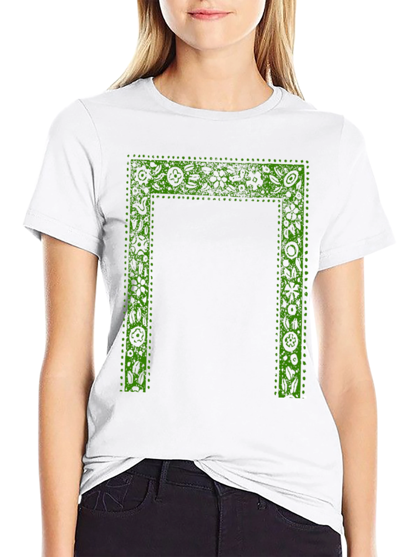 Green Floral Frame Print Black T-Shirt