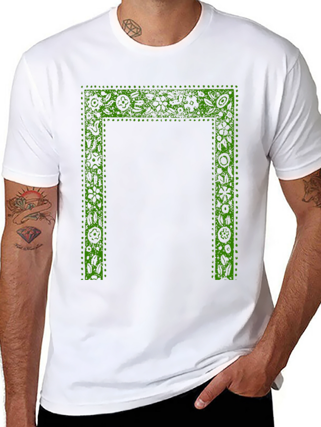 Green Floral Frame Print Black T-Shirt