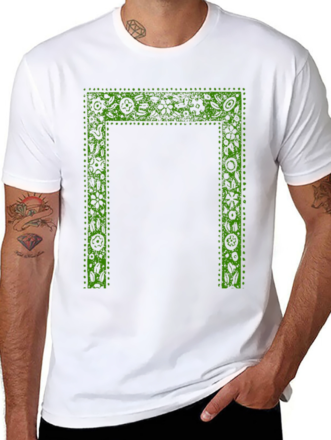 Green Floral Frame Print Black T-Shirt