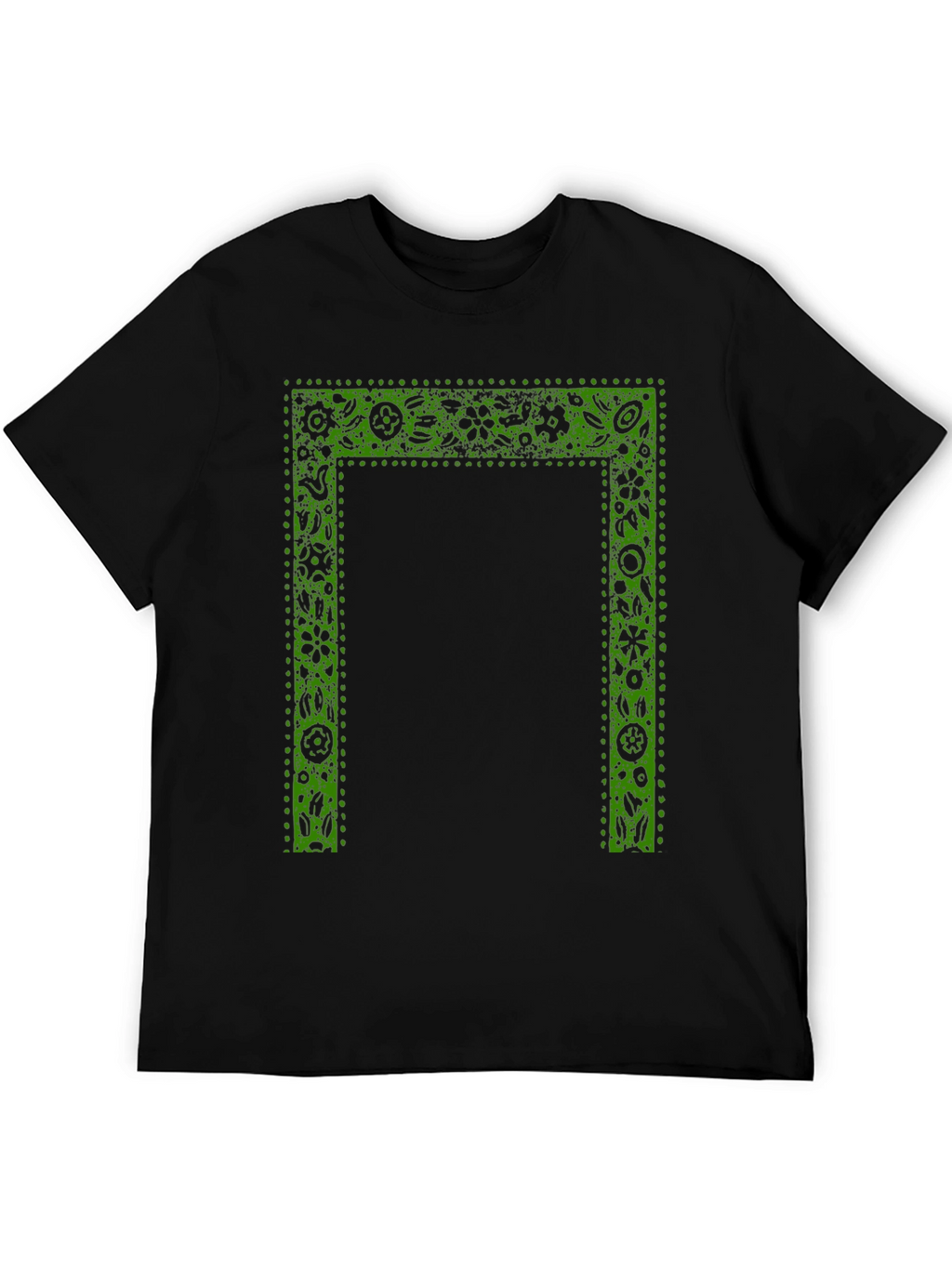 Green Floral Frame Print Black T-Shirt