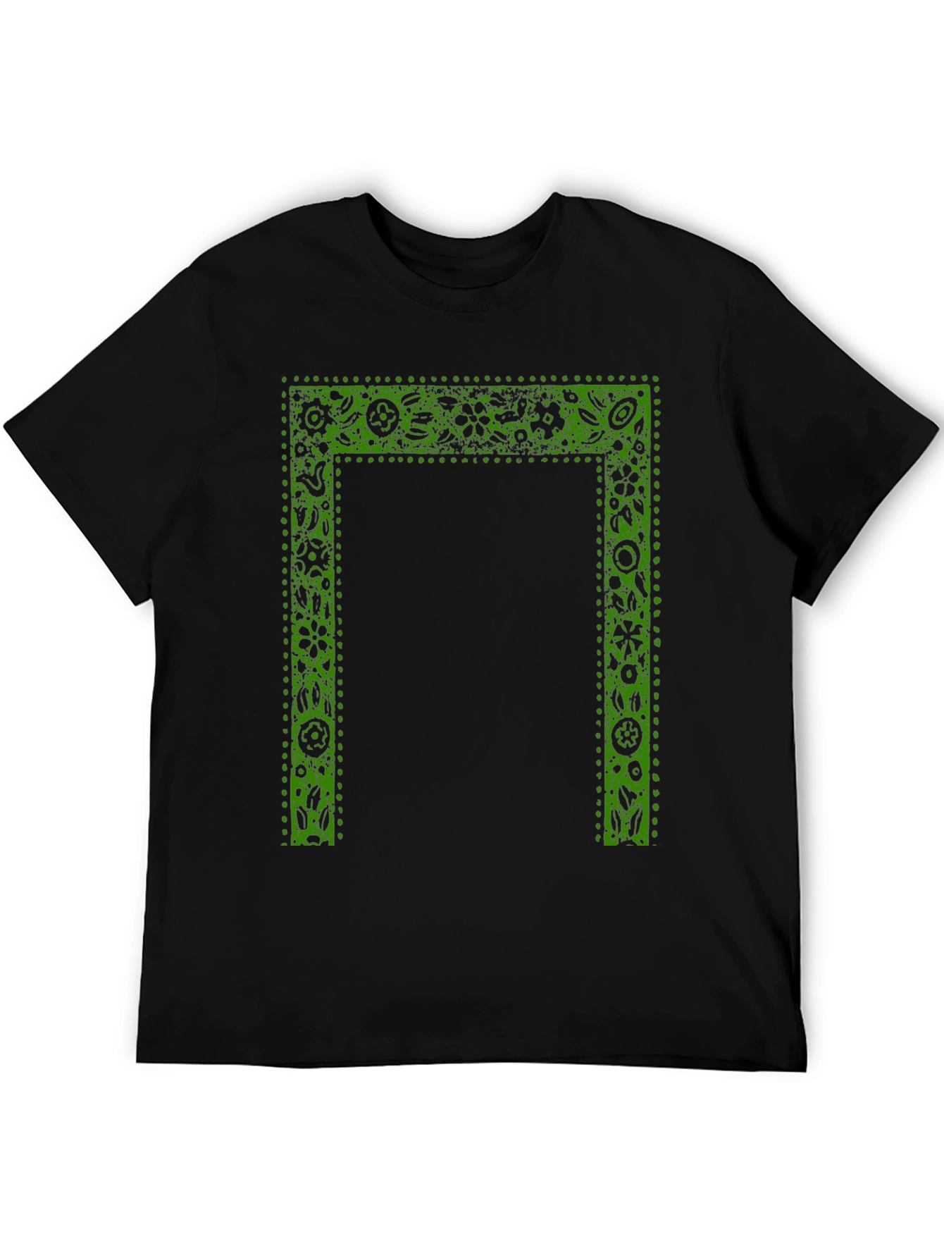 Green Floral Frame Print Black T-Shirt