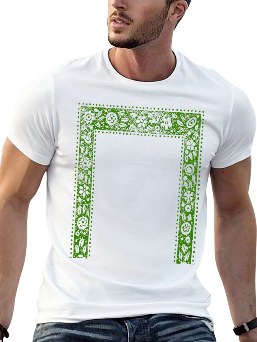 Green Floral Frame Print Black T-Shirt